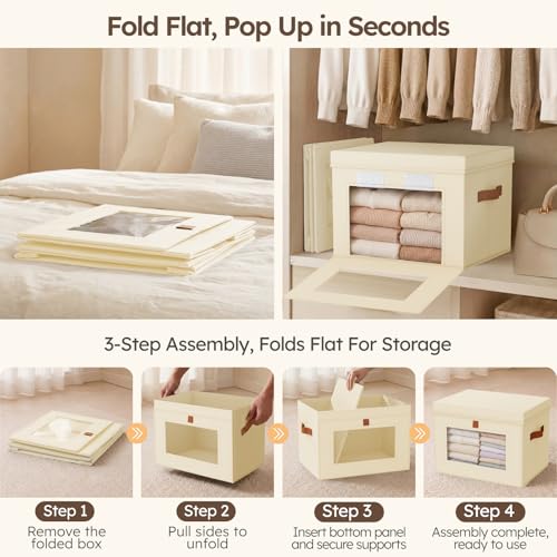 Homsorout Storage Bins with Lids - Front Opening Storage Box with Clear Window & Handles, Stackable Foldable Fabric Bins for Closet Organization, Clothes, Sweaters, Towels, Blankets, 6 Pack, Beige - color: Beige, size: Large - 6 Pack