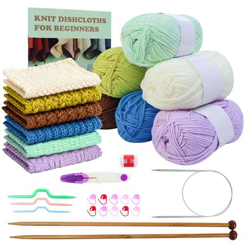 Lewhoo Knitting Kit for Beginners, 6 Patterns Dishcloth Learn to Knit Kit | Step-by-Step Instruction,Complete Knit Starter Kit -Including Yarn, Knitting Needle&Accessories