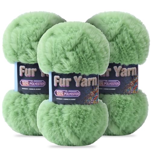 Faux Fur Yarn Soft Fluffy for Crocheting - 3 Skeins(Each 3.5oz/100g, 71yd/65m) - Chunky & Fluffy Yarn for Crochet Amigurumi, Blankets, Hand Knitting, Scarves &Crafts (3, Green) - color: Green