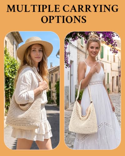 Herald Crochet Beach Hobo Shoulder Purse Tote Bag Handbag for Women | Soft Woven Knit, Bohemian Slouchy Style, Zipper Closure ,Large Capacity, For Daily, Spring Summer Beach Vacation, Travel - color: Beige