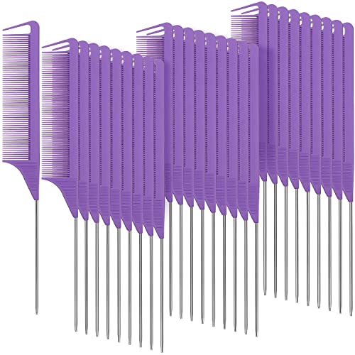Patelai 30 Pcs Rat Tail Steel Combs Fine Tooth Bulk,Purple | Long Steel Pin Pintail Bulk for Salon Hair Stylists ,Hair Teasing Fine Tooth Comb for Women,Teasing Detangling Tools - color: Purple