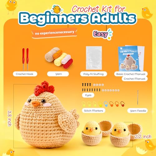 Joyclub Crochet Kit for Beginners 4 Chicken Family with Video for Adults | Amigurumi crochet with video guidance support first projects crochet Starter; a playful DIY gift for adult kitting learners - color: Crochet Chicken