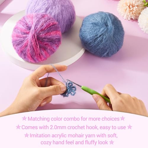 3 Balls Mohair Yarn for Crocheting Knitting Purple Wool Yarn Soft Fuzzy Mohair Knitting Yarns for Crochet DIY Garments Scarf Sweater Clothes Craft Projects - color: Purple