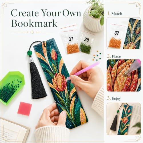 14 PC Diamond Art Flower Bookmark for Adults Gem Bling Bedazzling Kit Women | Bead Art Leather Book Mark Christmas Craft Making Kit Rhinestone Pearl Art DIY Paint by Dots Book Lover Gift - color: Flowers