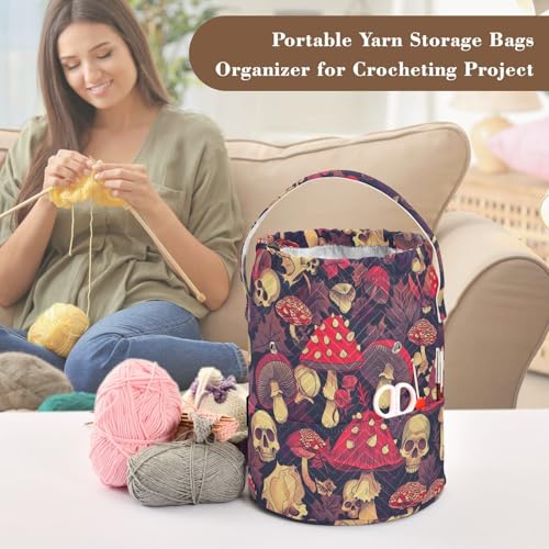Fustylead Red Amanita Mushrooms Fall Leaves and Skulls Crochet Drawstring Organizer, Large Yarn Bag Storage Tote Basket for Crocheting On The Go, Kit Holder, Gift for Knitter, Crochet Beginner - color: Blue09 Mushrooms and Skulls
