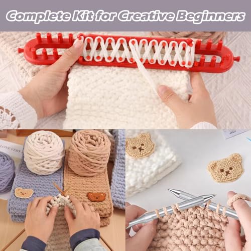 Novelchet Knitting Loom Kit for Scarf, Easy Knitting Set with Instructions | Learn to Knit kit Including Knitting Needles Set Plush Yarn - color: Gray