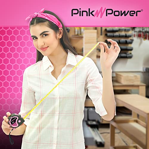 Pink Power 25ft Pink Tape Measure for Women's Tool Kit | Measuring Tape With Retractable Blade and Lock Button, Girls Measuring Kit, Lightweight Measurement, Pink 25 ft. - color: Pink, size: 25 ft