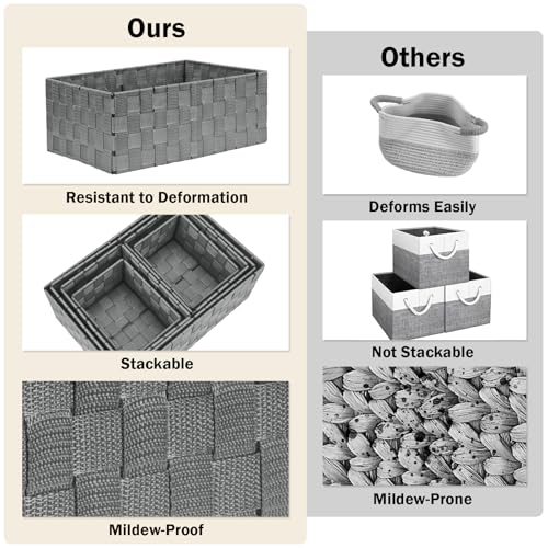 Storage Baskets: 6 Pack Stackable Woven Storage Bins, Grey | Decorative Woven Baskets for Organizing with Built-In Handles for Shelves, Closets, Cabinets and Cubbies, Gift Small Basket - color: Grey, size: 6 pack