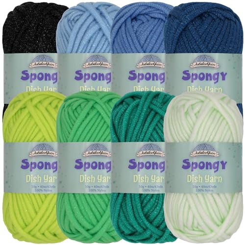JubileeYarn Spongy Dish Yarn - 50g/Skein Chunky Nylon Dishcloth - Shades of Green & Blue - 8 Skeins - color: Shades of Green & Shades of Blue, size: 4 Skeins