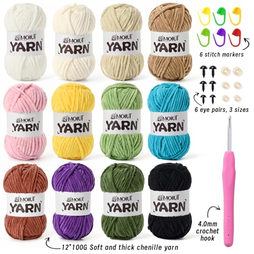 12 Pack Velvet Yarn for Knitting, Chunky Chenille Yarn for Crocheting, Baby Yarn for Crocheting Soft Blanket, Super Bulky 42.3oz(1049yds), Multicolor Amigurumi Yarns Set D - color: 12 D