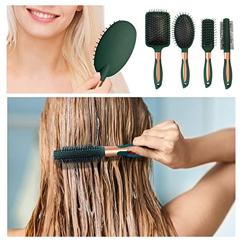4 Pcs Hair Brush Set,Anti Static Massage Oval Comb,Detangling Brush Round Hair Brush Vent Hair Brush,Flexible Soft Pin Bristles for Long Thick Curly Wavy Dry Damaged Hair - color: Blackish Green