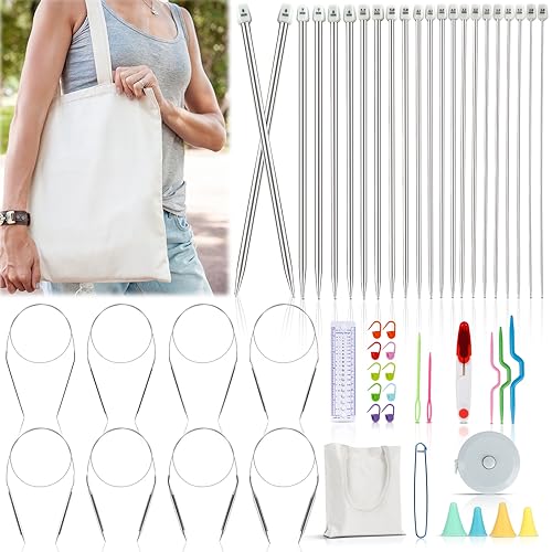 Katech Knitting Needles Set for Beginners, Complete Full Size Knit Needle | 9 Pairs Circular Knitting Needles Set and 22 Pcs Single Pointed Knitting Needle Set with Tote Bag Knitting Accessories - size: 9.8 inch（Single Pointed）