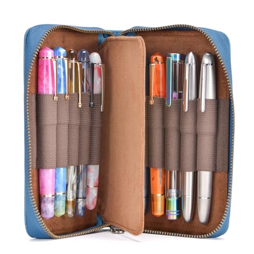 Fountain Pen Leather Pen Case 10 Divided Slots, Rollerball Pen Holder Handmade Display Organizer Zippered Pouch - color: Blue