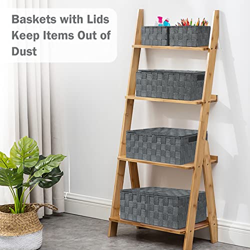 Storage Baskets with Lids: 5 Pack Stackable Woven Storage Bins, Grey | Decorative Woven Baskets for Organizing with Built-In Handles for Shelves, Closets, Cabinets and Cubbies, Gift Small Basket - color: Grey, size: 5pack with Lids