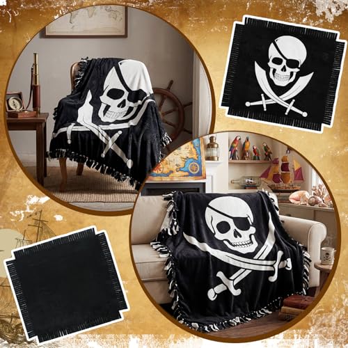 Chumia 2 Pcs/1 Set Pirate Tie Blankets Craft Kit 57 x 57 Inch Jolly Roger DIY No Sew Fleece Blanket Skull No Sew Fabric Grunge Skeleton Tie Knot Throw Craft Gift for Pirate Themed Birthday Party Favor - style: Skull