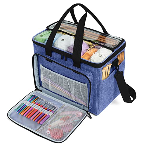 Teamoy Knitting Bag, Yarn Storage Organizer Crochet Bag Tote, Dark Blue | Yarn Holder with Inner Divider(Sewn to Bottom) for Crochet Hook, Knitting Needles(Up to 14"), Project and Crocheting Supplies - color: Dark Blue