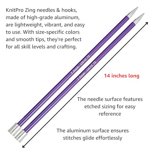 KnitPro Zing Deluxe 14-Inch Straight Single Point Knitting Needle Set | US 1.5, 2.5, 4, 6, 7, 8, 9, 10 Incl. Color-Coded Aluminium, Tapered Tips, Fabric Case & Project Bag