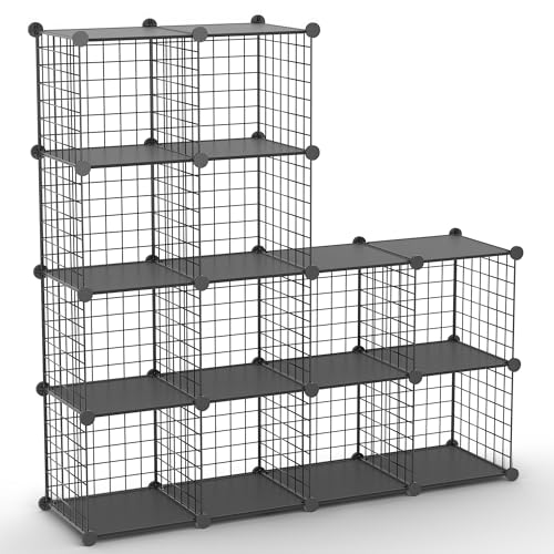 Wire Cube Storage Organizer, 12-Cube Metal Storage Shelves Bookshelf, Stackable Modular Closet Organizer for Bedroom Living Room, Office,Storage Shelves - color: Black Plus Iron, size: 12 Cubes