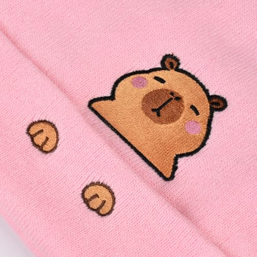 Personality Animal Head Embroidery Knit Beanie Hat for Adult and Big Kids Winter Warm Skull Cuffed Hats - color: Capybara 2-pink