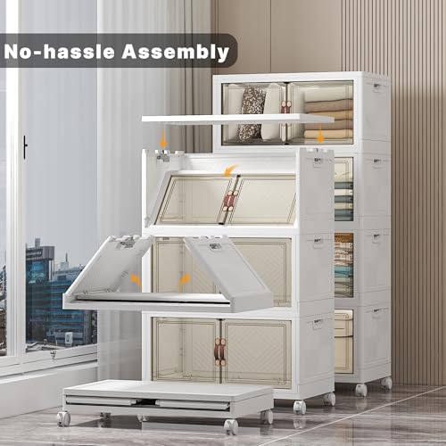 UAMFURI Stackable Storage Bins, 896QT Collapsible Drawers with 2 Lids | Large Capacity, Magnetic Door, Stack Lock, Rolling Wheels, Foldable Design, Organizers and Storage for Bedroom Dorm Garage - color: White-112qt, size: 8Pack with 2 top lids