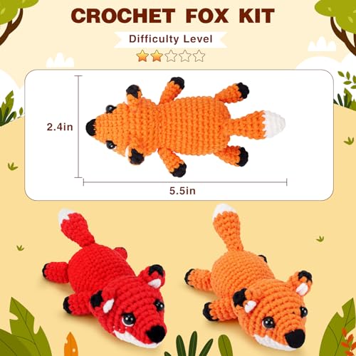Crochet Kit for Beginners - 2 PCS Fox Crochet Kits with Step-by-Step Video Tutorials, Beginner Crochet Kit for Adults, Crochet Animal Kit, Crochet Fox Set - color: Orange Red Fox Set