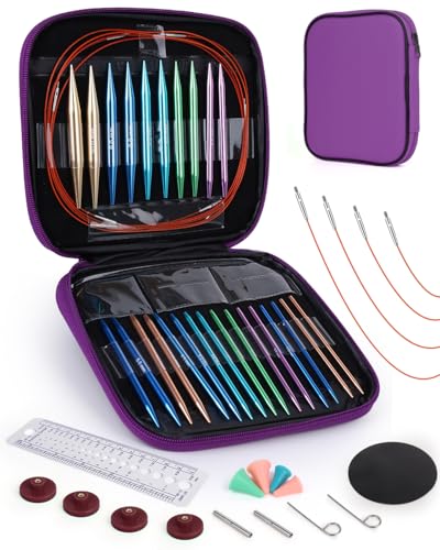 Aeelike 13 Pair Interchangeable Circular Knitting Needles 3-10 mm, Purple | Aluminum Interchangeable Knitting Needles with 4 Cables, Smooth Complete Needles Set for Socks Blankets Sweaters, Ideal Gift - color: Purple