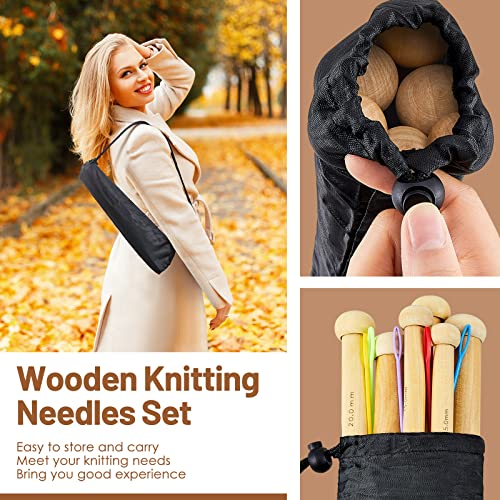 12 Pcs Large Knitting Needles 16 Inch Wooden Knitting Needles 3 Size Extra Large Knitting Needle with Plastic Straight Needles Storage Bag for Chunky Yarn Beginner DIY Fabric Craft Crochet 15 20 25 mm