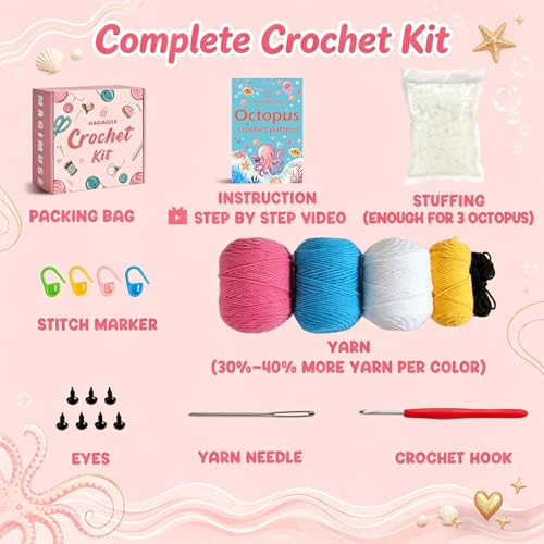 MAGIMUSE Crochet Kit for Beginners, Octopus Family Amigurumi Craft Kit | Includes Step-by-Step Video Tutorials and 40% More Yarn, Ideal for Beginner Crochet Projects.