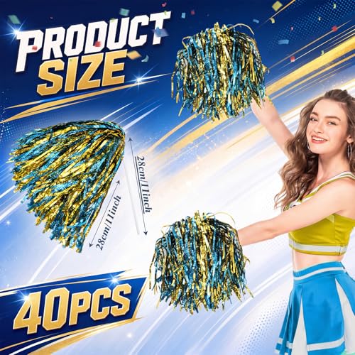 Vinsot 40 Pcs Cheerleading Pom Poms Bulk, Metallic Foil School Spirit Shakers Cheer Pom Poms with Plastic Long Handle for Soccer Basketball Sport Dance Team Squads Fan Celebration - color: Blue Gold Mix