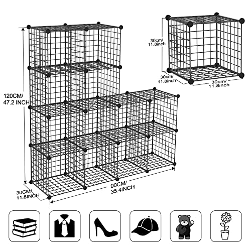Wire Storage Cubes, Metal Storage Shelves Bookshelf, Stackable Modular Closet Organizer for Bedroom Living Room, Office, Black (12 Cubes, Iron) - color: Iron, size: 12 Cubes