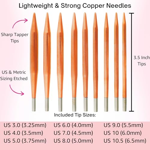 Lykke Cypra 3.5-inch Interchangeable Circular Knitting Needle Set | Standard US 3, 4, 5, 6, 7, 8, 9, 10, 10.5 Brown Case, Copper Semi-Sharp Tips, Smooth Metal Joins, 360-Cables, Project Bag - color: Cypra-with-Brown-Suede-Case