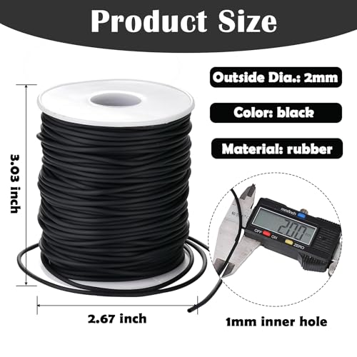 Hollow Rubber Tube Cord 54 Yards 2mm Black Stitch Keeper with 1mm Hole | Tubing Knitting Barber Cord Rubber Saver Hollow Rubber Pipe with Spool for Knitting Projects Jewelry Making Bead Creations - color: Black