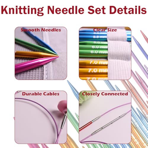Lewhoo 11 Pairs Circular Knitting Needles Set with 5 Cables 3.0~8.0mm | 3 Length Interchangeable Aluminum Circle Needles with Case Multicolored - color: multicolored