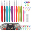 Crochetbox Crochet Hooks Set, 9 Size 2mm(B)-6mm(J) Ergonomic Handles Crochet Hooks with Case for Arthritic Hands, Kintting Needle with Crocheting Tool for Crocheters - size: 9 Size(2~6mm)(black cat case)