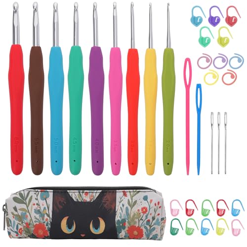 Crochetbox Crochet Hooks Set, 9 Size 2mm(B)-6mm(J) Ergonomic Handles Crochet Hooks with Case for Arthritic Hands, Kintting Needle with Crocheting Tool for Crocheters - size: 9 Size(2~6mm)(black cat case)