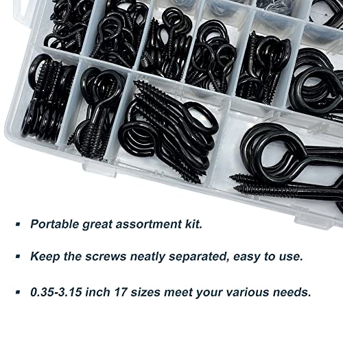 1000Pcs Screw Eyes Assortment Kit Black Screw Eye Hooks Eye Bolts Metal Eye Pins Zinc Plated Eyelet Screw Loops for Hanging Sign, Wind Chime, Jewelry Making 17 Sizes Mini to Large - color: Black, size: 1000PCS