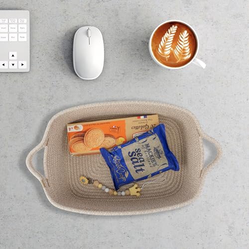 XUANGUO Medium Woven Cotton Rope Storage Basket with Handles, Oatmeal | Small decorative rectangle storage bin for baby nursery items and cat toys; ideal as an empty gift basket or dog toy basket - color: Oatmeal