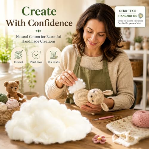 GREYHOLLOW 100% Cotton Stuffing for Stuffed Animals 0.44lbs (201g) | Natural Cotton Fiber Filling for Crafts, Crochet & DIY Projects, OEKO-TEX Certified
