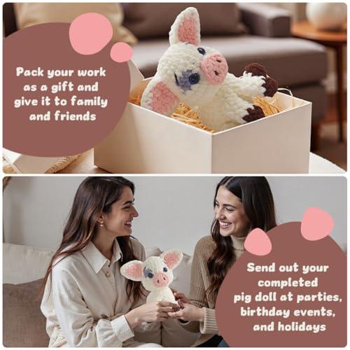 Linhao Jew Crochet Kit for Beginners – Knitting Kits Cute Animal Kitten Keychain with Pre-Started Easy Yarn, Step-by-Step Video Tutorials for Adults DIY Crafts (Pig) - color: pig