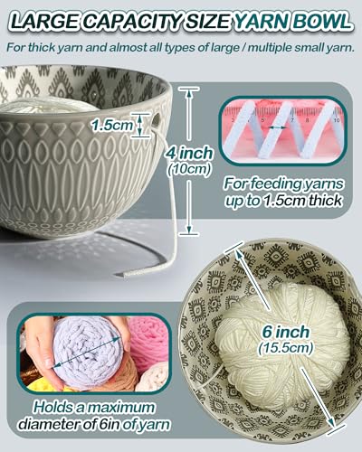UCDRMA Yarn Bowls for Crocheting, Ceramic Crochet Yarn Holder Bowl Large-Opening Knitting Bowl for Yarn of All Types, Decorative Crochet Bowl High-Stability Knitting Bowl Tool for Crochet Lovers - color: Light Gray