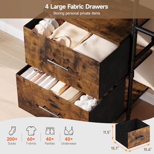 ONBRILL T4 Wall Mounted Closet System with 4 Large Drawers & 4 Hanging Rods | Adjustable from 4'4'' to 5'9'', Industrial Pipe Clothing Rack with 8 Wood Shelves, Heavy Duty Closet Organizers, Rustic Brown - color: Rustic Brown