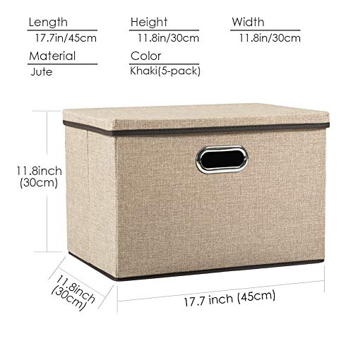 PRANDOM Large Collapsible Storage Baskets with Lids [5-Pack] Jute Fabric Foldable Storage Bins Boxes Organizer Containers Cube with Cover for Home Bedroom Closet Office Nursery (17.7x11.8x11.8) - color: Khaki, size: L(5-Pack)