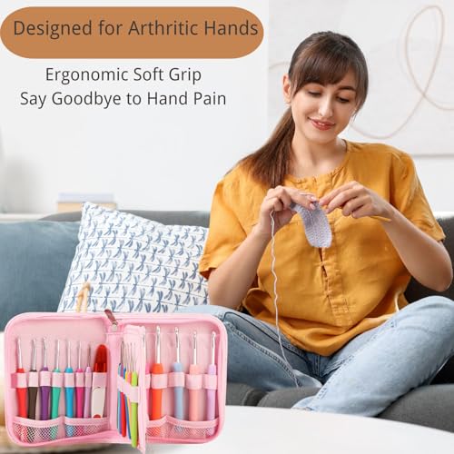 Blingcute 50 Pcs Ergonomic Crochet Hook Set 0.6-8 mm with Pink Case | Pain-Free Hooks for Arthritis Hands, Portable Aluminum Needles Set, Best Gift for Beginners & Lace Projects - color: Pink