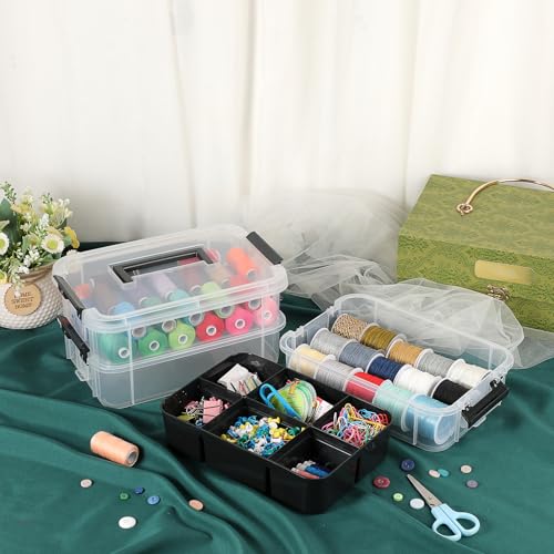 JUXYES 3-Tiers Plastic Stack Carry Storage Containers Box wih Handle Lids | 2 Pack Clear Stackable Craft Organizers and Storage Bin with Tray for Organizing Stationery, Sewing, Art Craft, DIY Supplies - color: Black