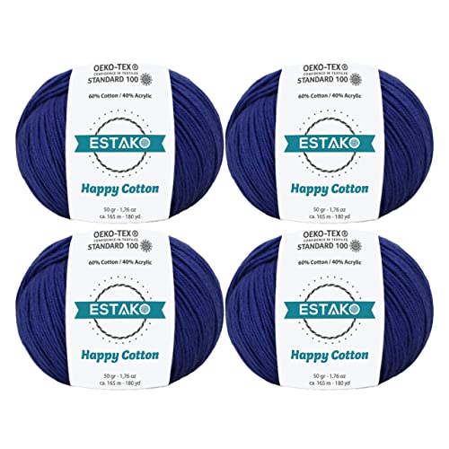 Estako Happy Cotton 60% Cotton 40% Acrylic Yarn, Sport 2, Navy Blue, 4-Pack | soft, fine, 200 g, 720 yds, baby clothes, amigurumi, 2-3 mm hook, summer tops, hats, blankets - color: 4210 - Navy Blue, size: 4 Skeins