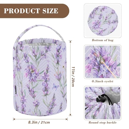 Fustylead Watercolor Vintage Lavender Flowers Knitting Crochet Bag, Portable Large Yarn Storage Drawstring Basket Organizer for Crocheting Hooks, Project, Store Skein Ball, Short Knitting Needle - color: Purple02 Lavender