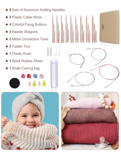 Aeelike Interchangeable Knitting Needles Set for DIY Crafts, Rose Gold | Aluminum Interchangeable Knitting Needles with 4 Cables, Smooth Complete Needles Set for Socks Blankets Sweaters, Ideal Gift - color: Rose Gold