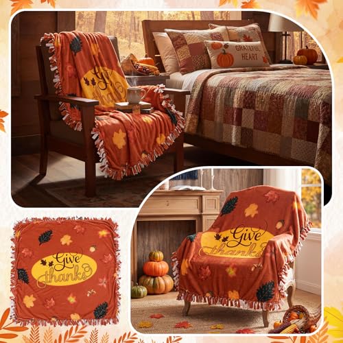 Chumia 2 Pcs/1 Set Thanksgiving Fall No Sew Fleece Blanket Kit 57 x 57 in | Give Thanks Maple Leaf DIY Tie Blanket Kits for Adults No Sew Gifts for Fall Autumn Harvest Thanksgiving Holiday Home Decor - style: Thanksgiving Fall
