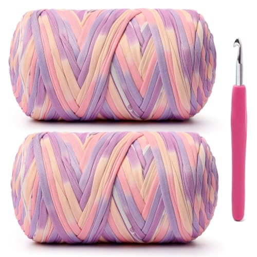 2 Pack Soft Tshirt Crochet Yarn, 800g/228yds High Elastic Hand Knitting Yarns, Thick T Shirt Yarn for Crocheting Bags, Baskets, Cushions, DIY Crafts(Pinkish Purple + Pinkish Purple) - color: Pinkish Purple + Pinkish Purple