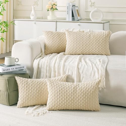 Set of 4 Beige Decorative Throw Pillow Covers 12x20 Inch Corduroy Pillow Covers for Bed Couch Sofa Living Room Soft Cushion Cases - color: Beige, size: 20" x 12" (Pack of 4)